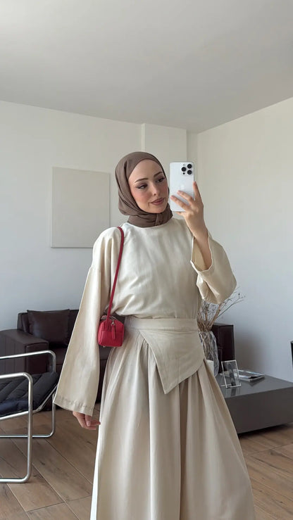 PIECE DETAILED LINEN SET - beige