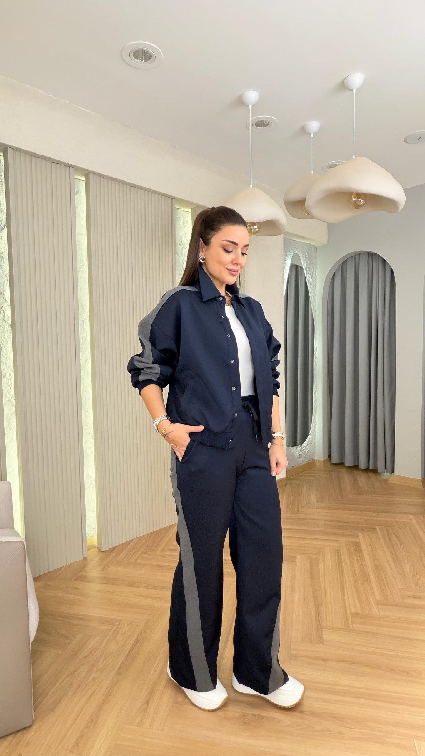 Navy blue Bomber jacket with grey line details,waistband straight leg trouser co-ord set