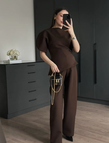 ASYMMETRICAL CUT BALLOON SLEEVE PREMIUM SET-BROWN