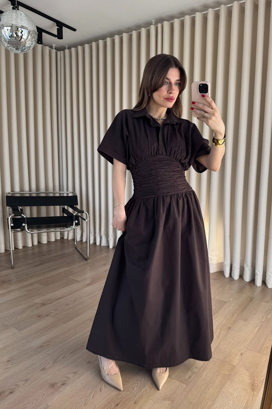 Brwon Shirt Collar Draped Waist Dress