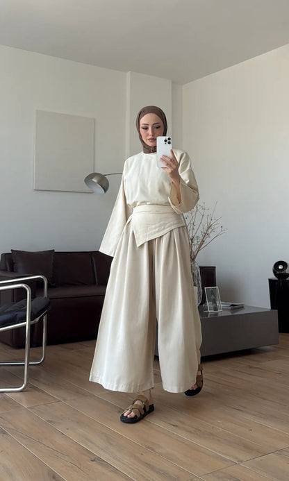 PIECE DETAILED LINEN SET - beige