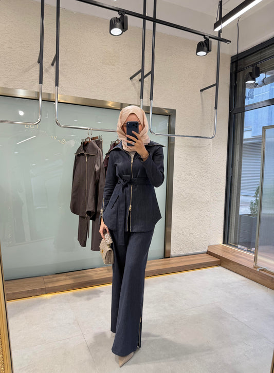 Full-zip denim shirt with side-zip straight-leg trousers co-ord set - navy blue