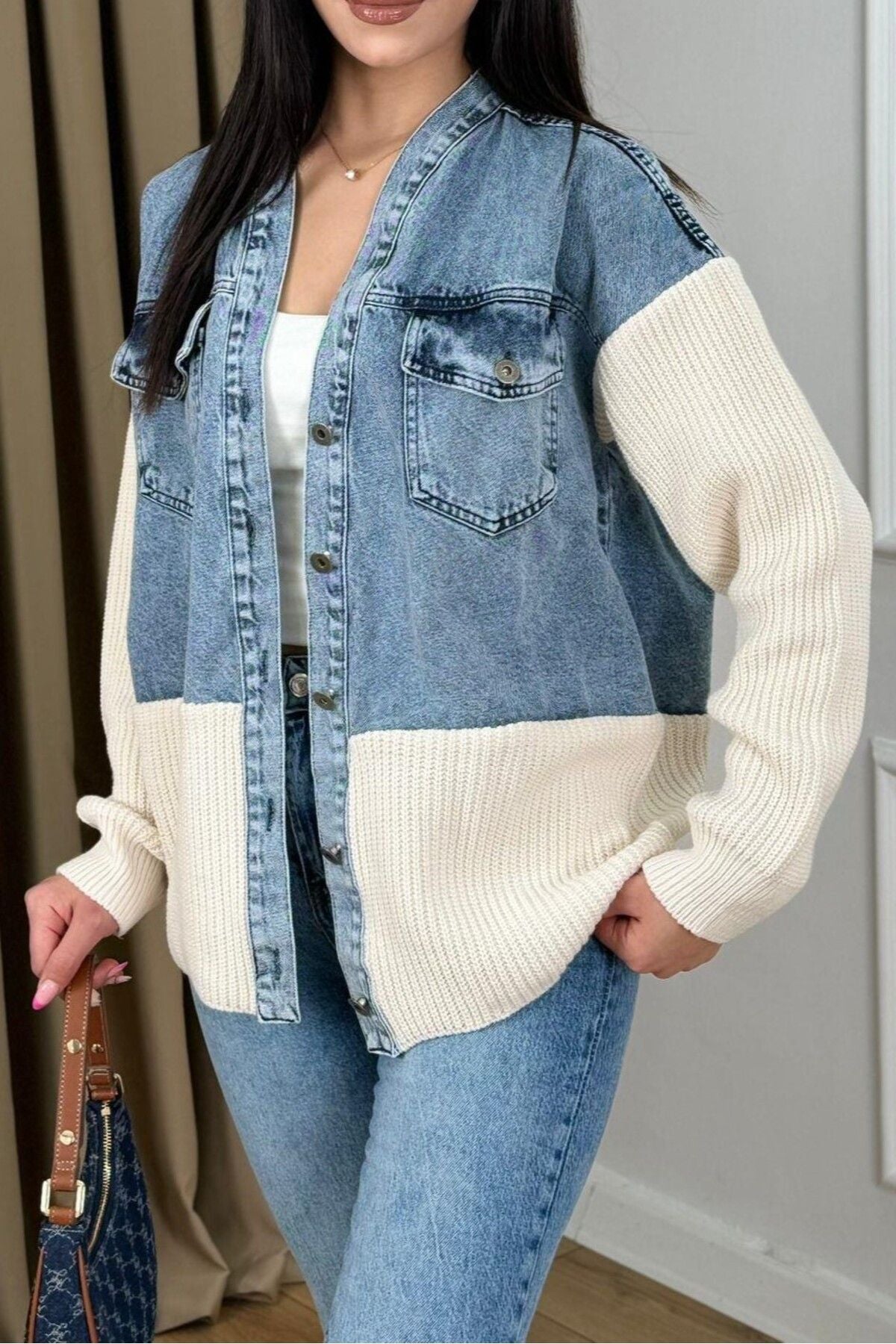 Jeans jacket with knitted details