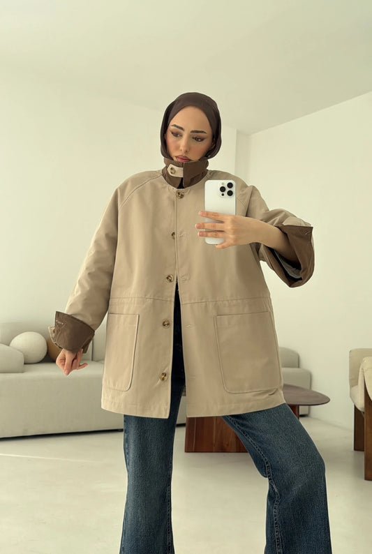 Padded Jacket with Waist Cord- Beige