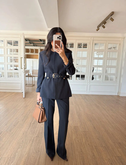 Belted blazer,straight leg trouser co-ord suit