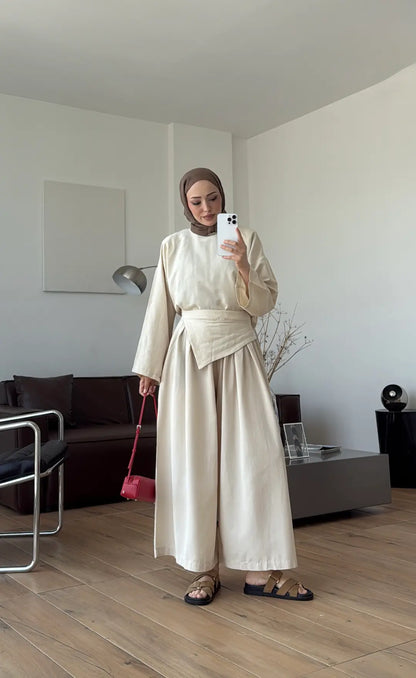 PIECE DETAILED LINEN SET - beige