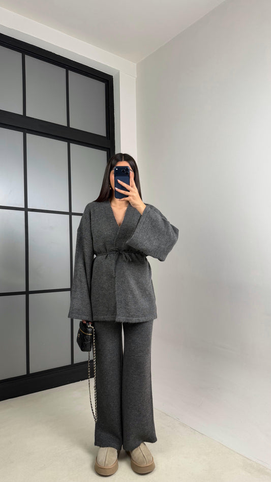 Dark grey Belted Cardigan, Elastic Waist Trousers Knitted Set
