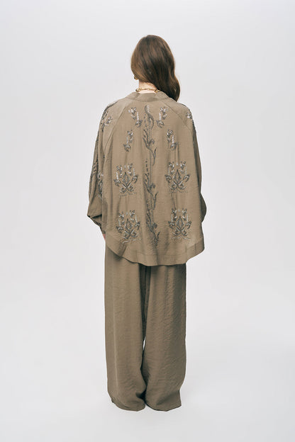 Khaki premium Rhinestone Embellished Two-Piece Set