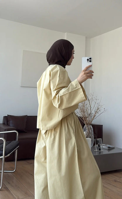 PIECE DETAILED LINEN SET - lime yellow