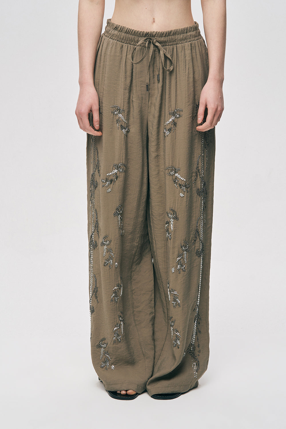 Khaki premium Rhinestone Embellished Two-Piece Set