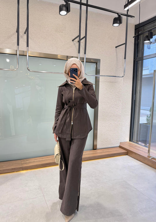 Full-zip denim shirt with side-zip straight-leg trousers co-ord set - brown