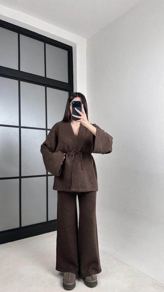 Dark Brown Belted Cardigan, Elastic Waist Trousers Knitted set