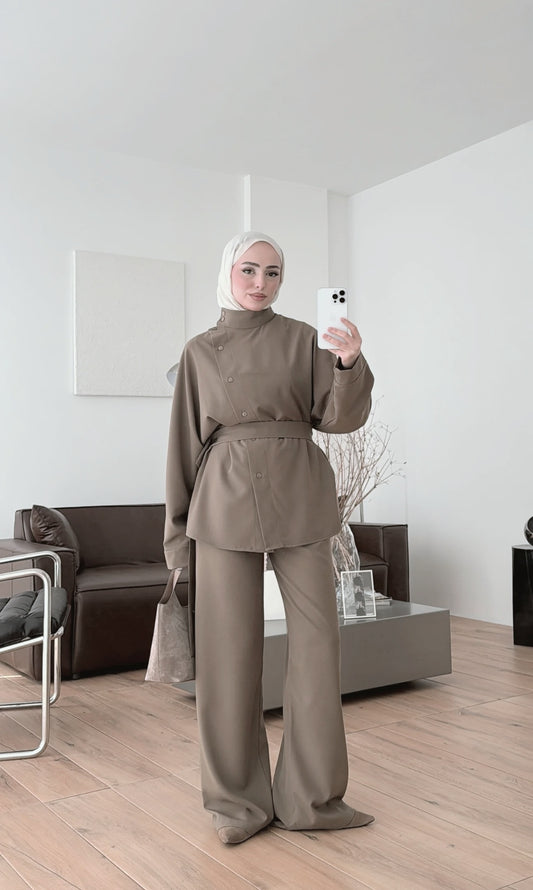 Belted side buttons shirt ,waistband straight leg trouser co-ord set-khaki