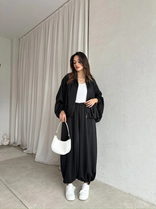 oversized satım bomber, waistband balloon leg trouser with strap co-ord set