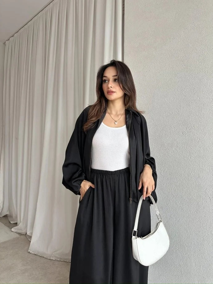 oversized satım bomber, waistband balloon leg trouser with strap co-ord set