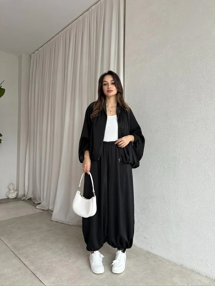 oversized satım bomber, waistband balloon leg trouser with strap co-ord set