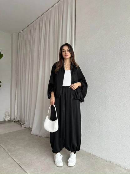 oversized satım bomber, waistband balloon leg trouser with strap co-ord set