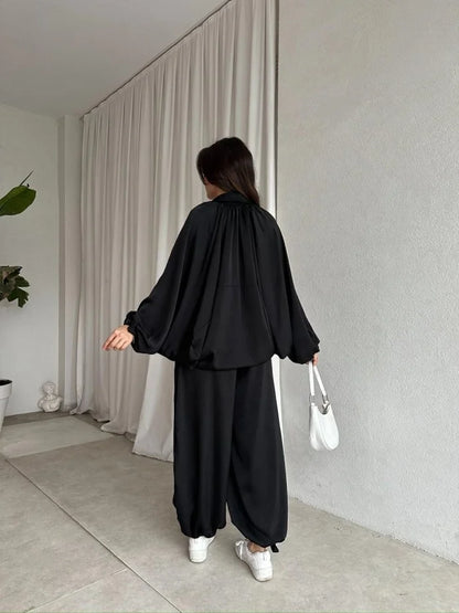 oversized satım bomber, waistband balloon leg trouser with strap co-ord set