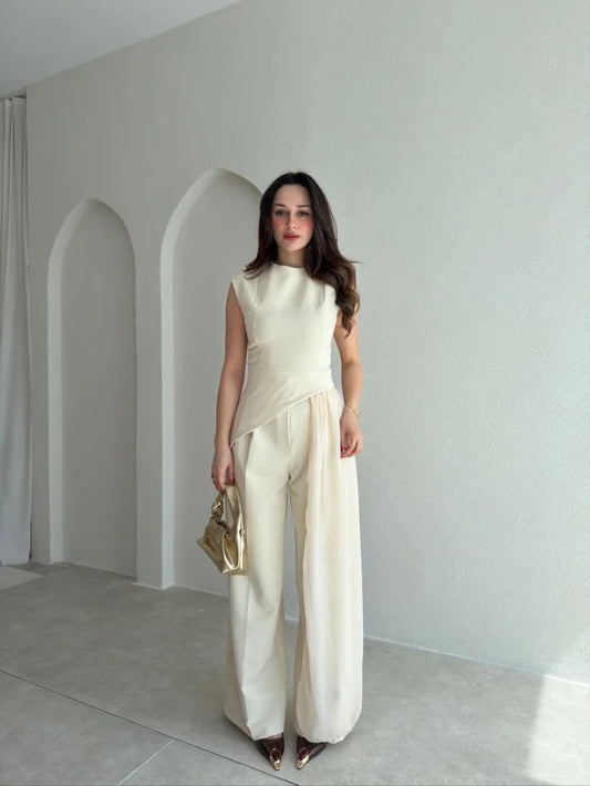 Tulle Detail, Asymmetrical Cut, beige Set