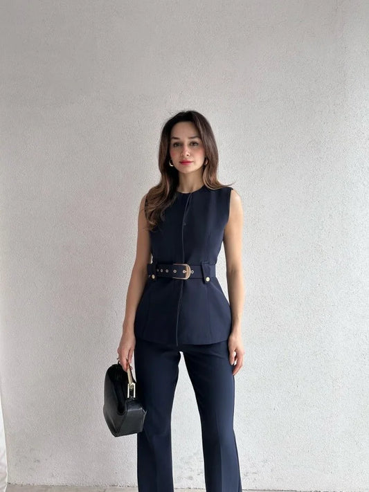 Belted vest ,straight leg trouser suit