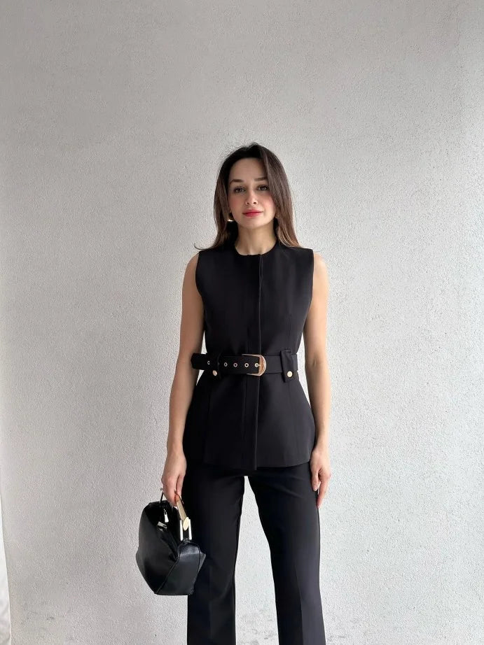 Belted vest ,straight leg trouser suit