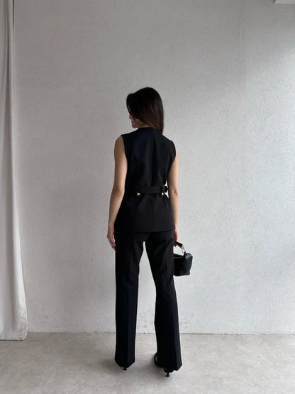 Belted vest ,straight leg trouser suit
