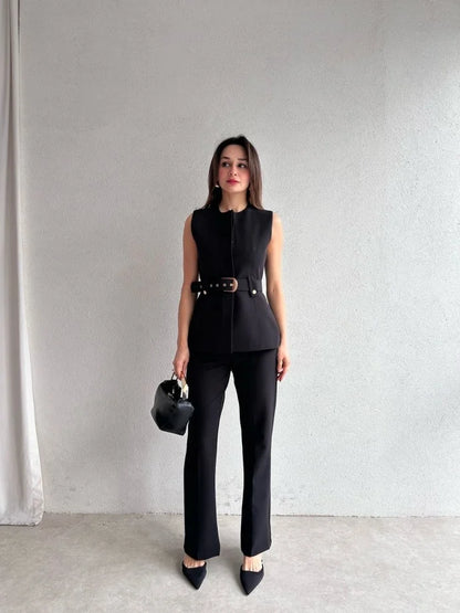 Belted vest ,straight leg trouser suit