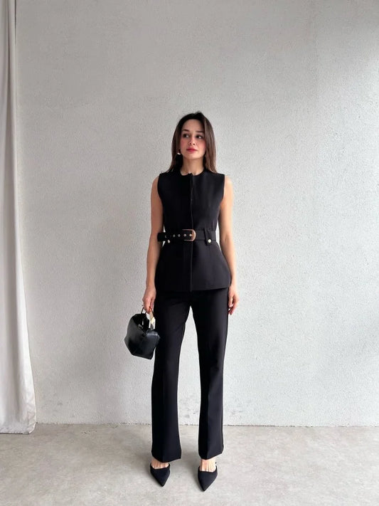 Belted vest ,straight leg trouser suit