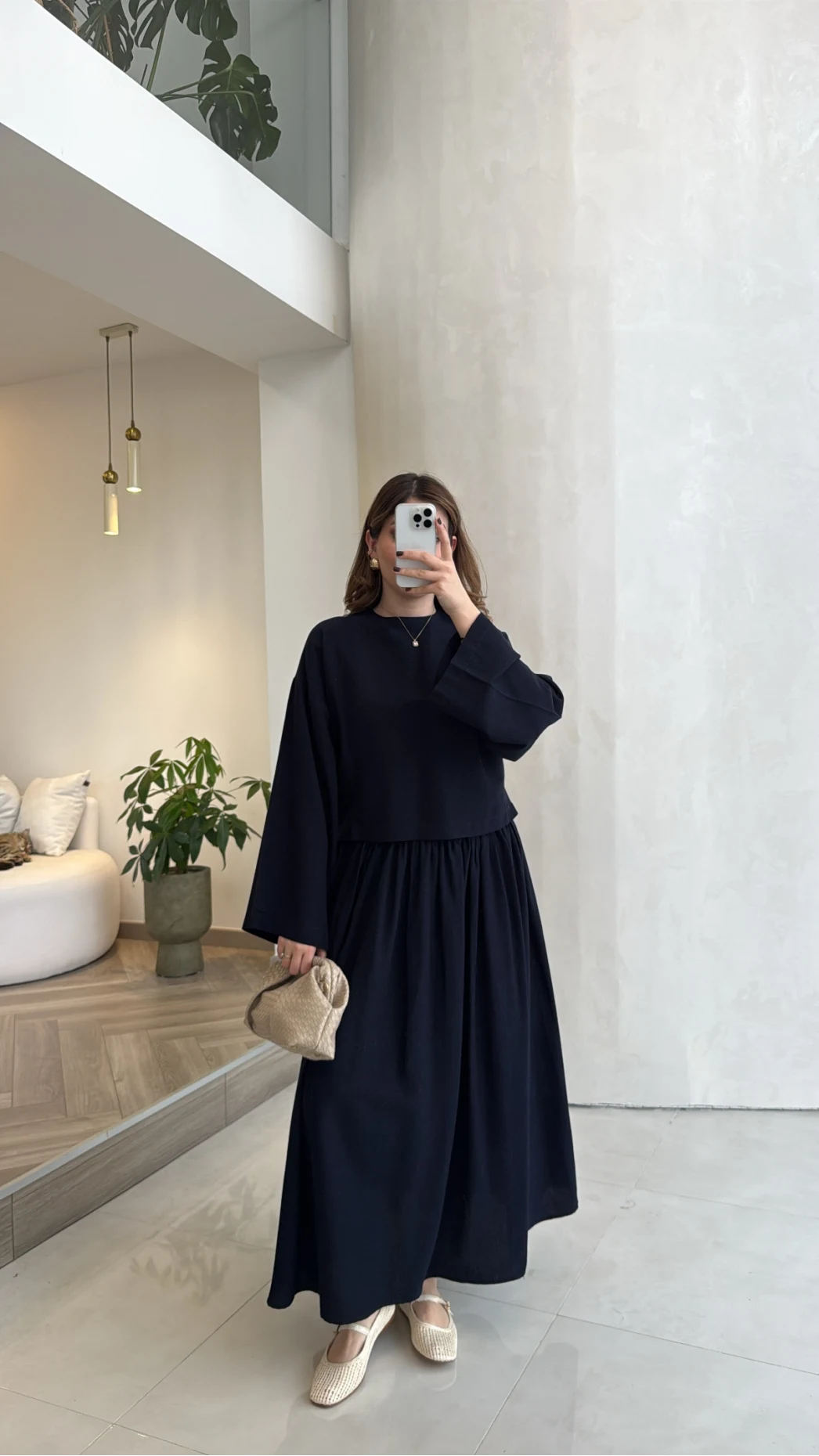 Wide sleeve blouse, High-waisted skirt with flowy silhouette Two-Piece Set - navy blue