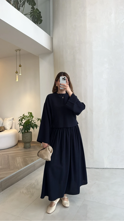 Wide sleeve blouse, High-waisted skirt with flowy silhouette Two-Piece Set - navy blue