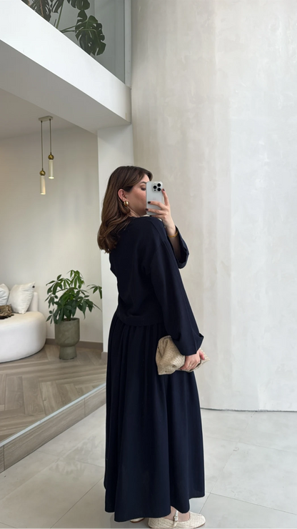 Wide sleeve blouse, High-waisted skirt with flowy silhouette Two-Piece Set - navy blue