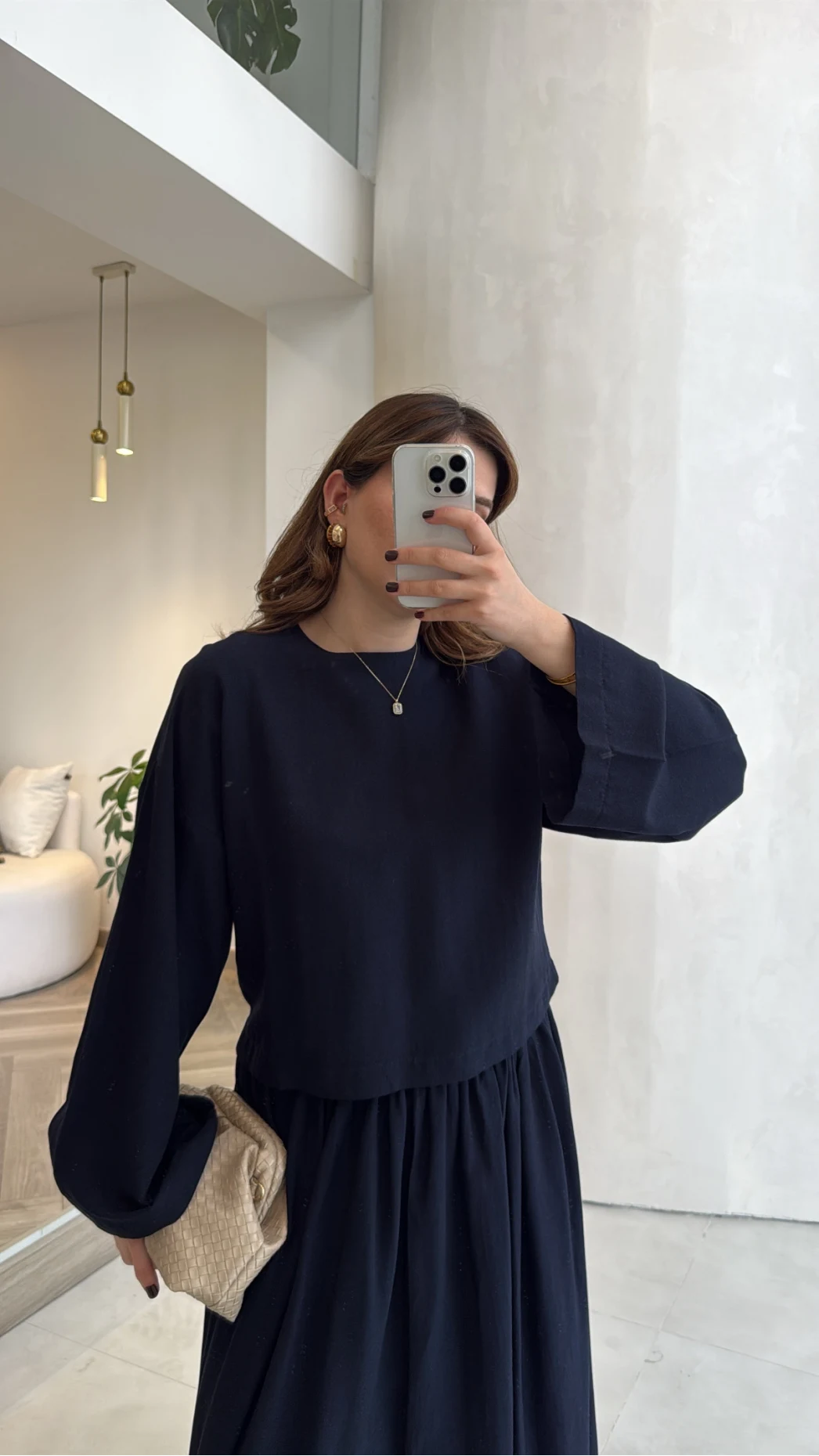 Wide sleeve blouse, High-waisted skirt with flowy silhouette Two-Piece Set - navy blue