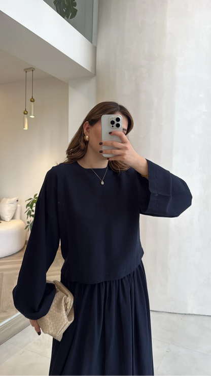 Wide sleeve blouse, High-waisted skirt with flowy silhouette Two-Piece Set - navy blue