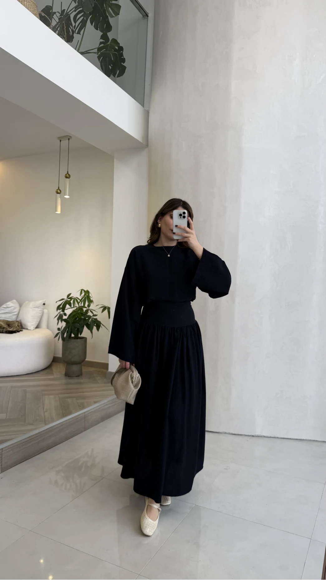Wide sleeve blouse, High-waisted skirt with flowy silhouette Two-Piece Set - navy blue