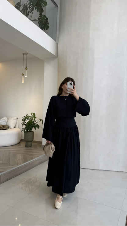 Wide sleeve blouse, High-waisted skirt with flowy silhouette Two-Piece Set - navy blue