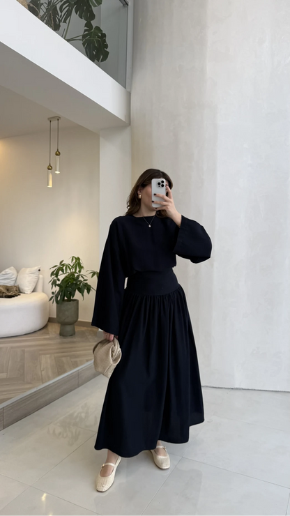 Wide sleeve blouse, High-waisted skirt with flowy silhouette Two-Piece Set - navy blue