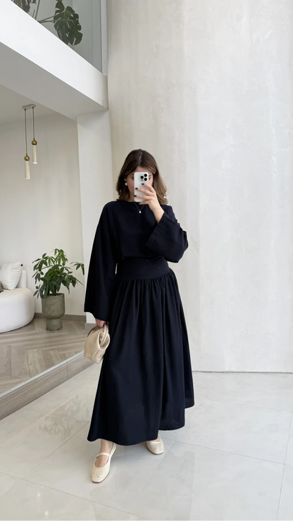 Wide sleeve blouse, High-waisted skirt with flowy silhouette Two-Piece Set - navy blue