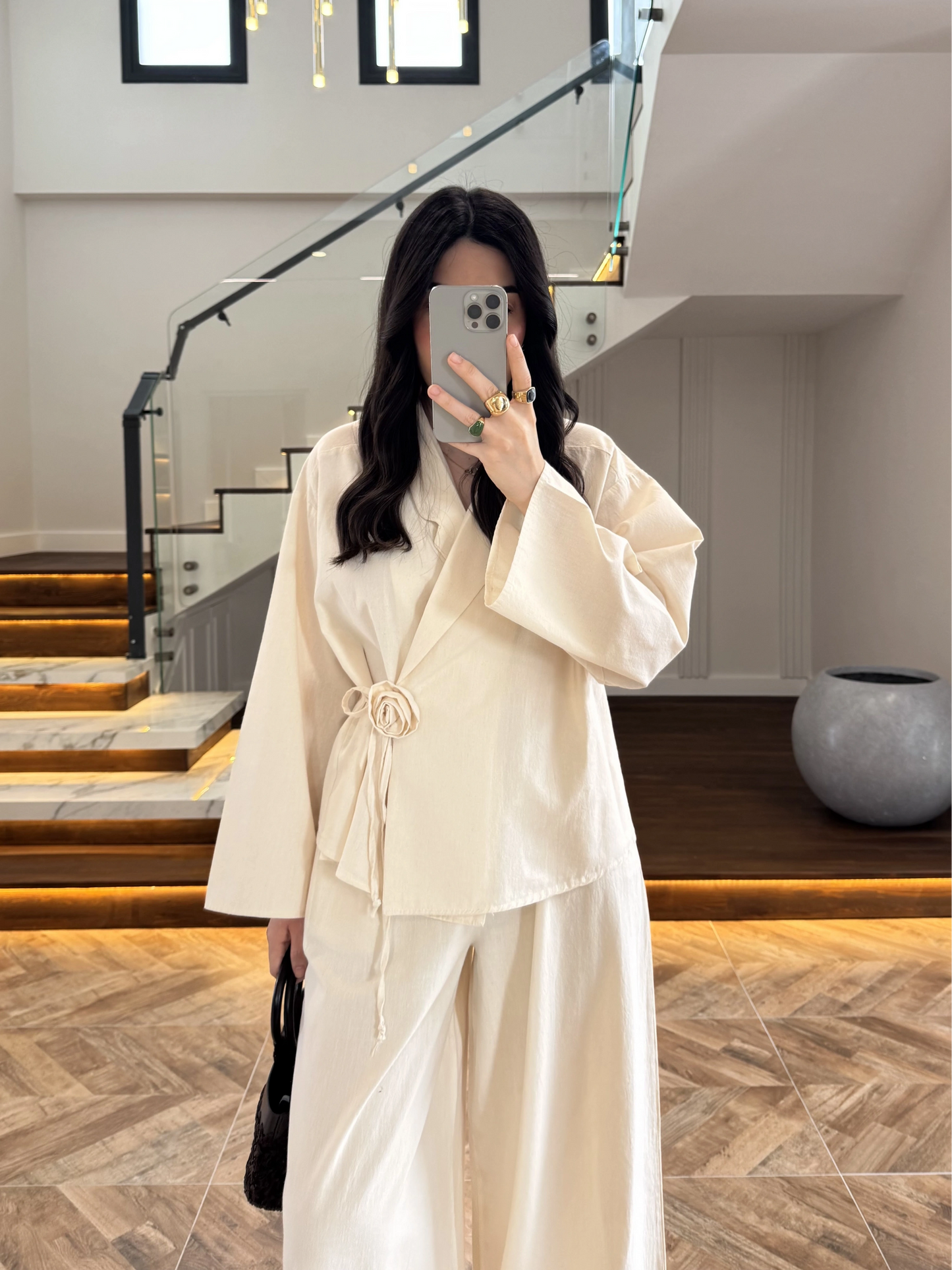 Side Tie linen jacket with waistband wide leg trouser co-ord set