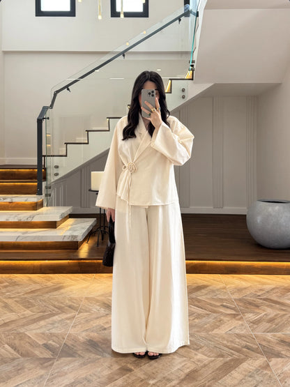 Side Tie linen jacket with waistband wide leg trouser co-ord set