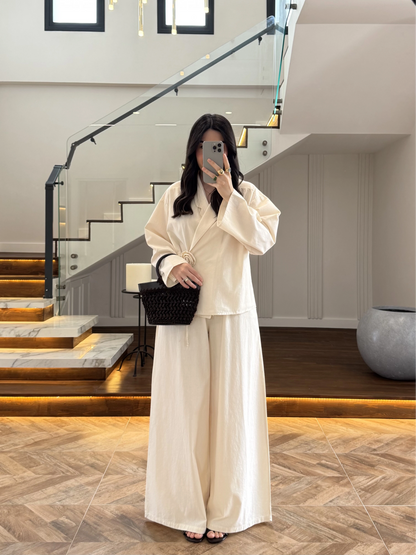 Side Tie linen jacket with waistband wide leg trouser co-ord set