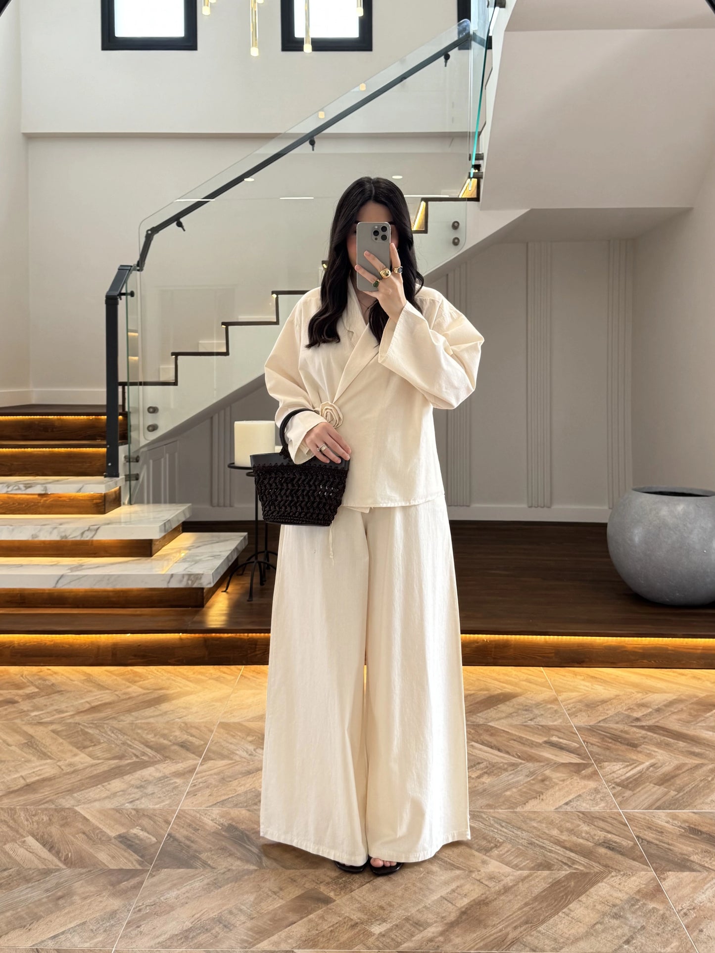 Side Tie linen jacket with waistband wide leg trouser co-ord set