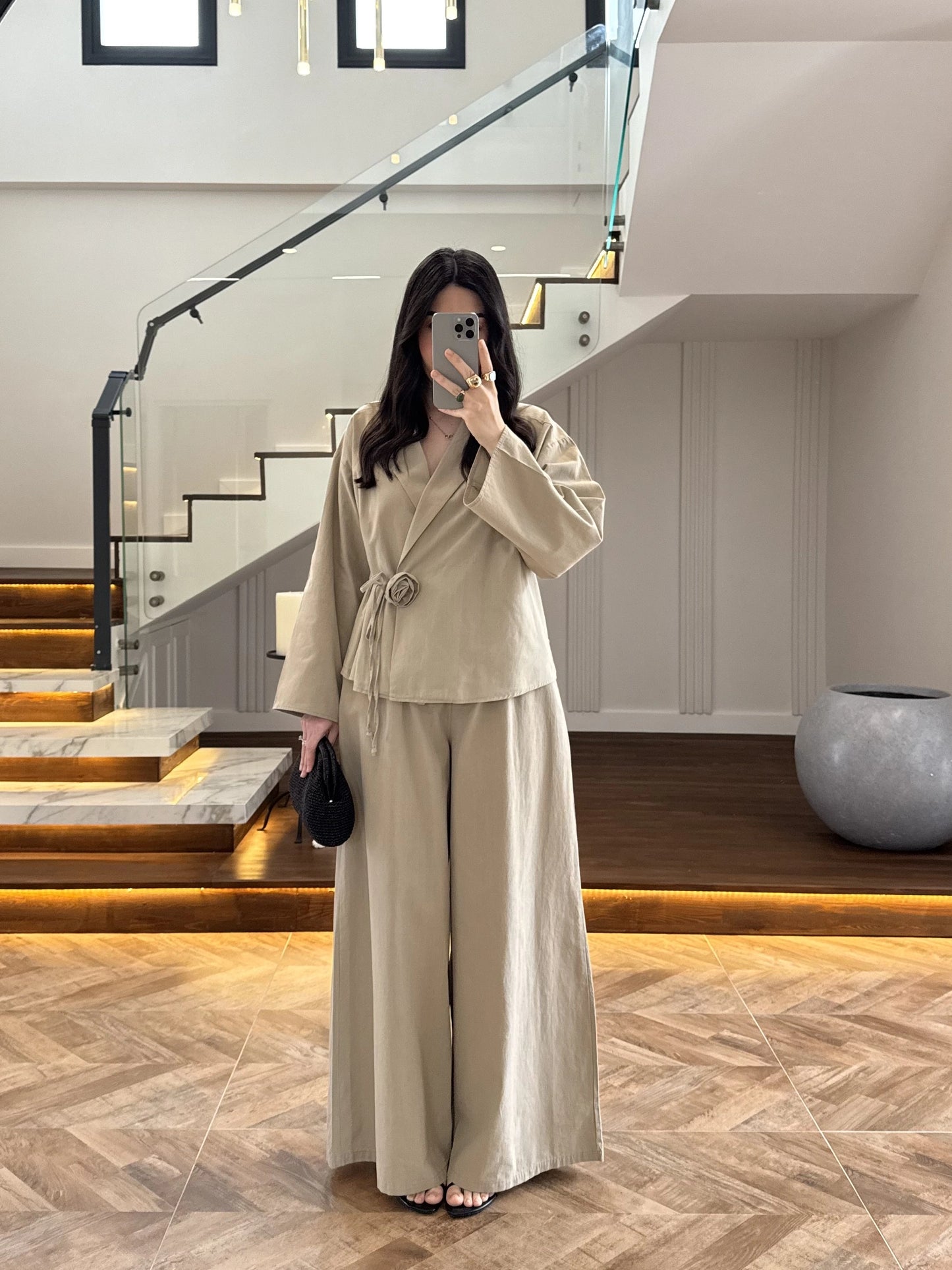 Side Tie linen jacket with waistband wide leg trouser co-ord set