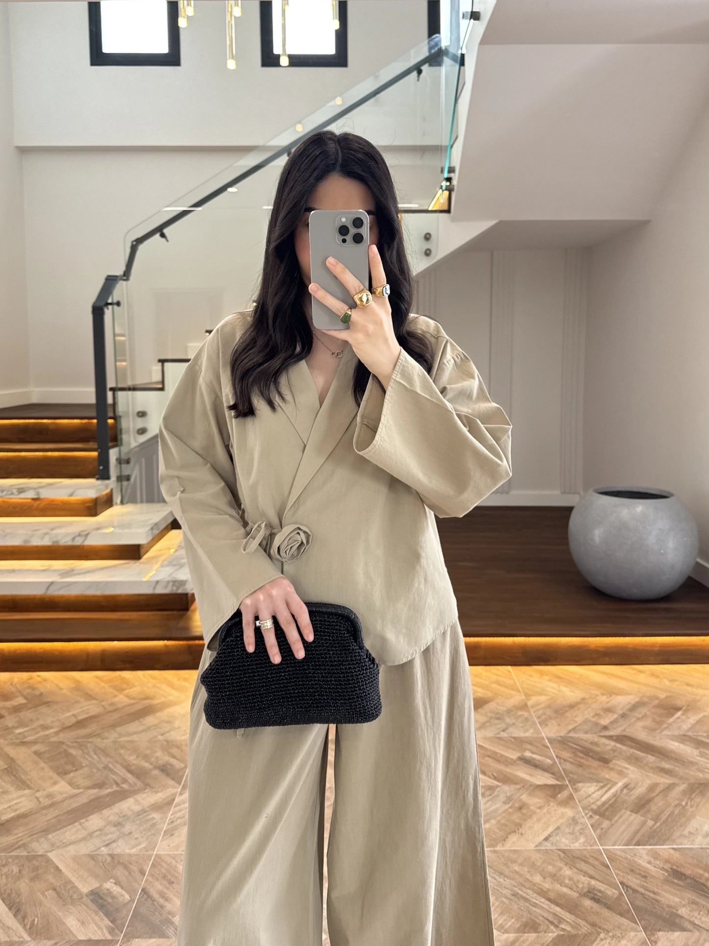 Side Tie linen jacket with waistband wide leg trouser co-ord set