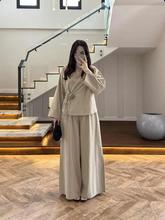 Side Tie linen jacket with waistband wide leg trouser co-ord set