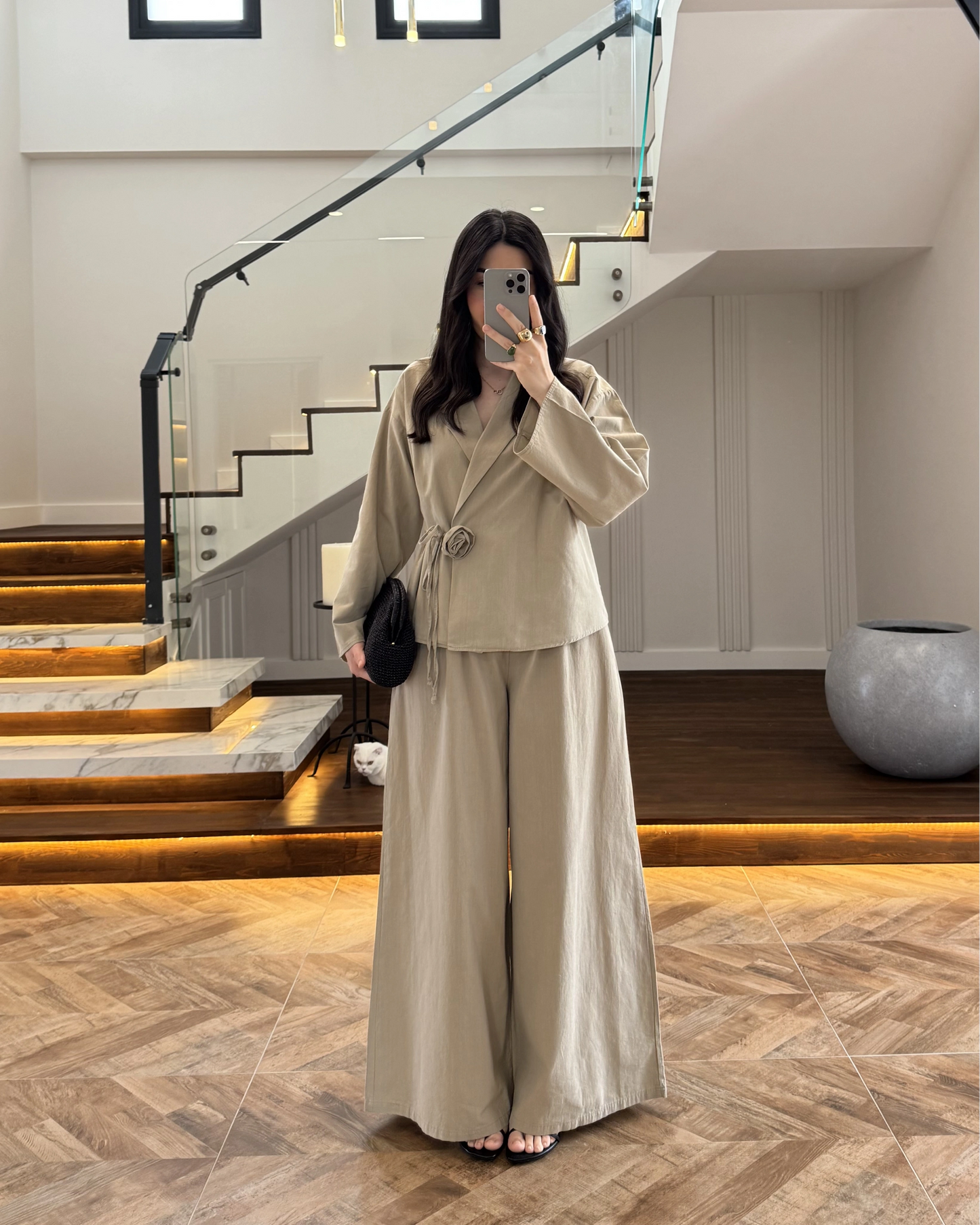 Side Tie linen jacket with waistband wide leg trouser co-ord set