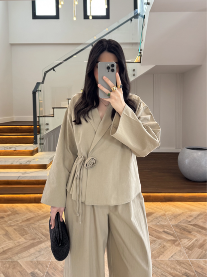 Side Tie linen jacket with waistband wide leg trouser co-ord set