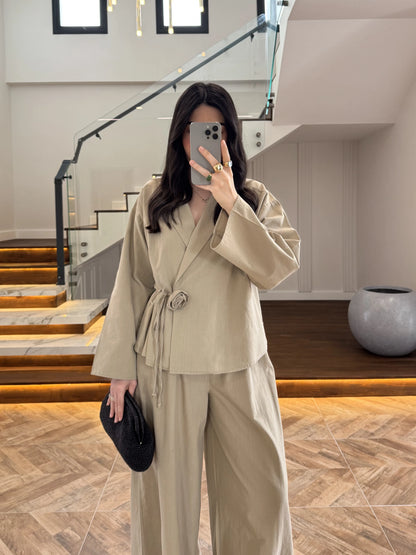 Side Tie linen jacket with waistband wide leg trouser co-ord set