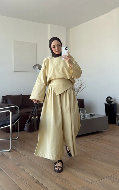 PIECE DETAILED LINEN SET - lime yellow