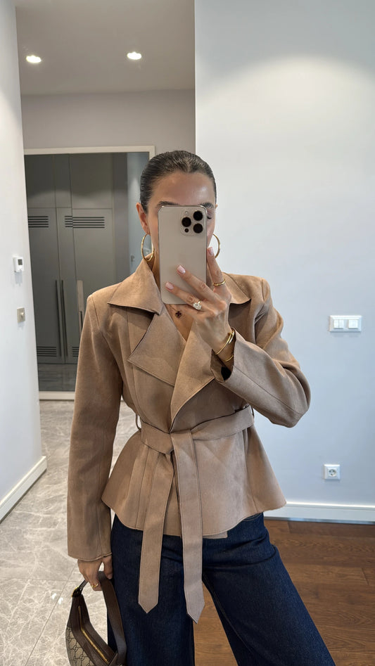 Faux suede belted jacket