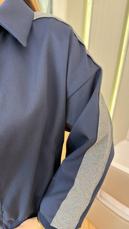 Navy blue Bomber jacket with grey line details,waistband straight leg trouser co-ord set